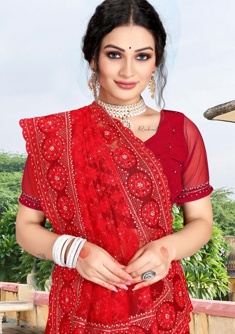 Red Embroidered Net Saree Set - Indya