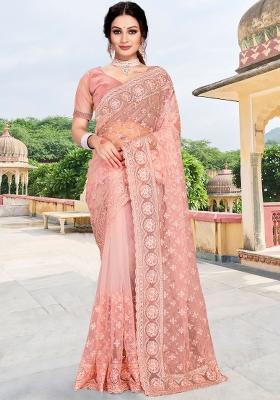 Peach Embroidered Net Saree Set