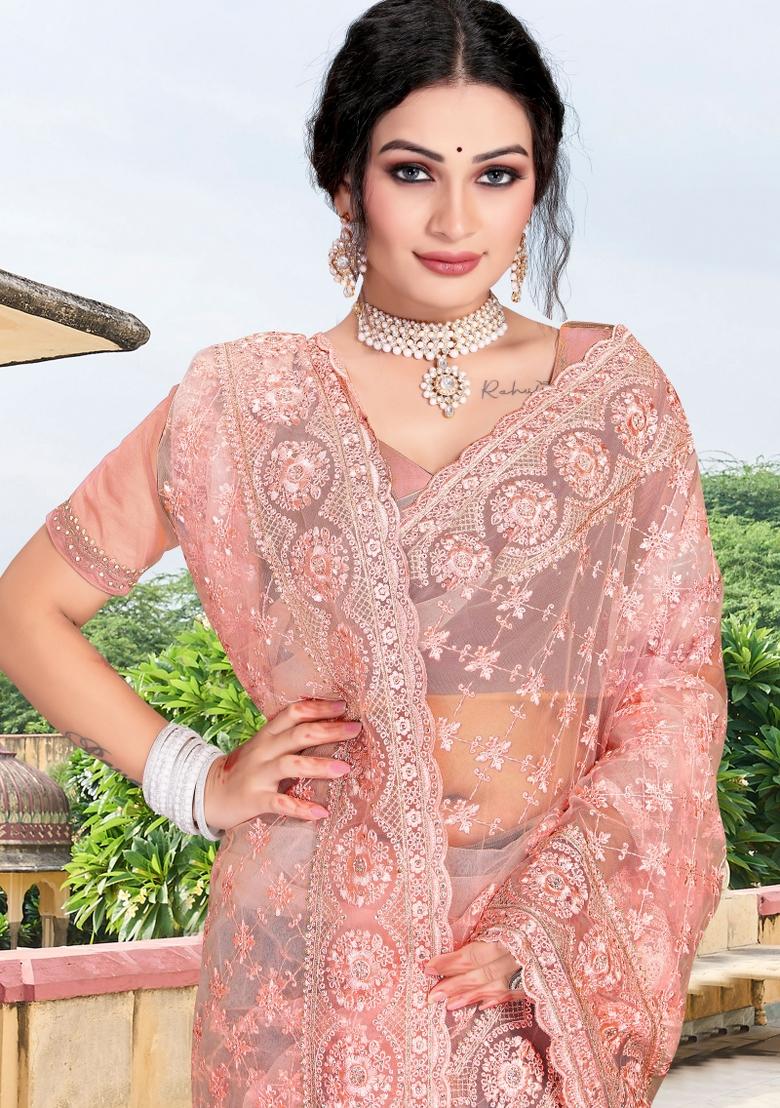 Peach Embroidered Net Saree Set - Indya