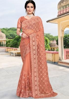 Rust Embroidered Net Saree Set