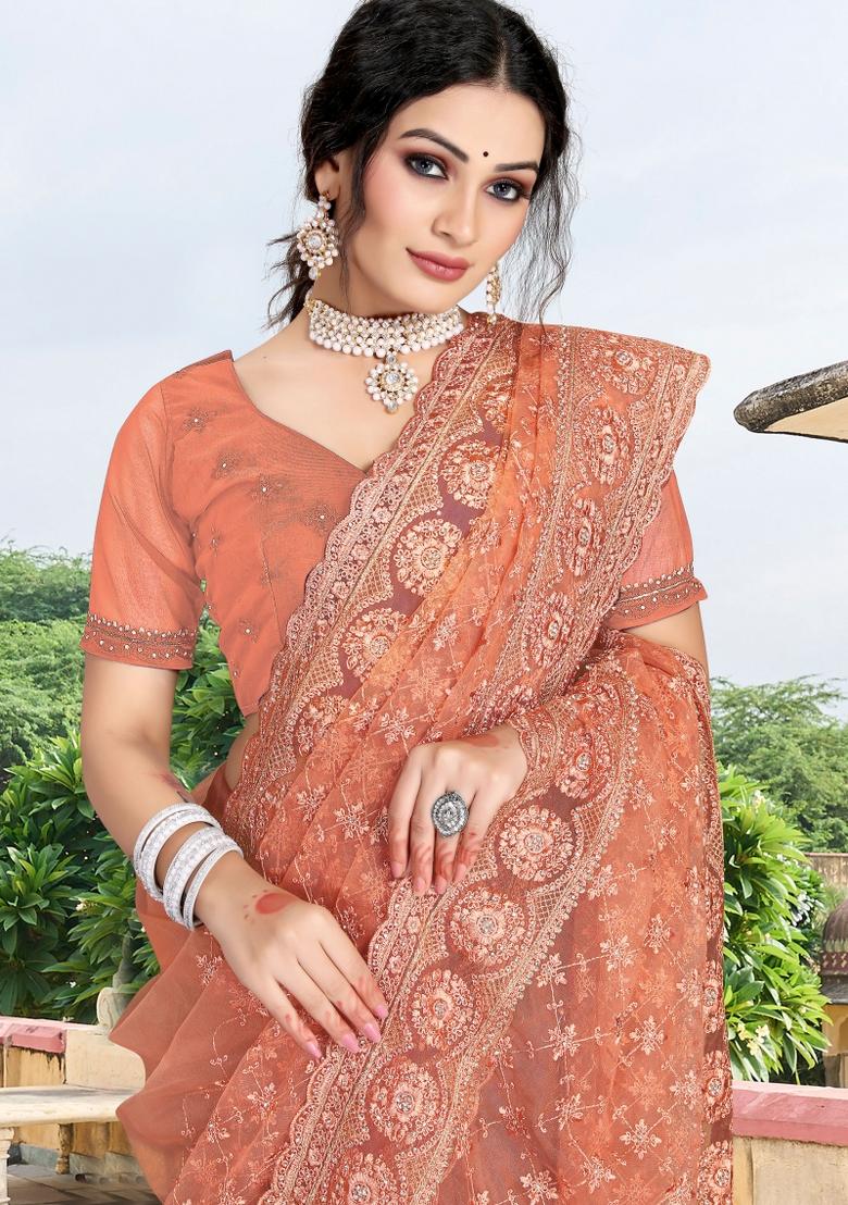 Rust Embroidered Net Saree Set - Indya
