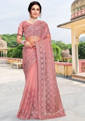 Dusty Pink Embroidered Net Saree Set