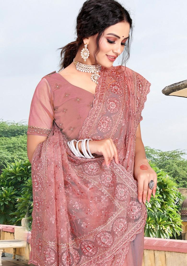 Dusty Pink Embroidered Net Saree Set - Indya