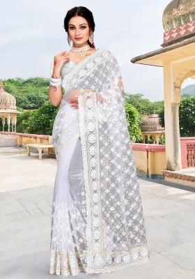 White Embroidered Net Saree Set