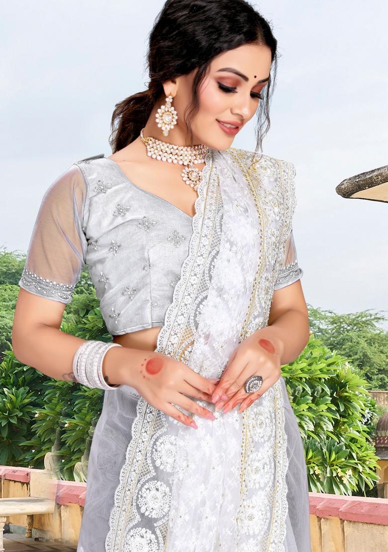 White Embroidered Net Saree Set - Indya