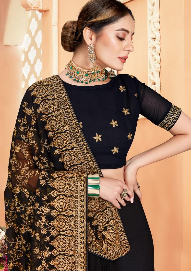 Black Embroidered Georgette Saree Set - Indya