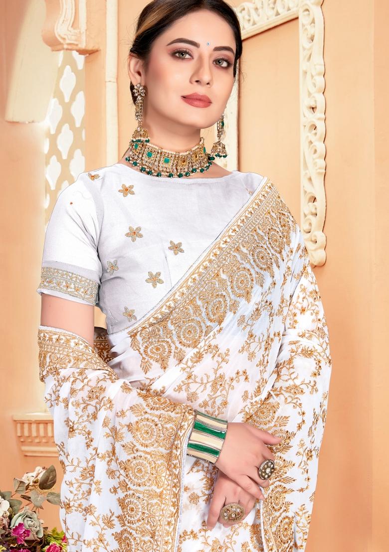 White Embroidered Georgette Saree Set - Indya