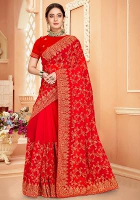 Red Embroidered Georgette Saree Set