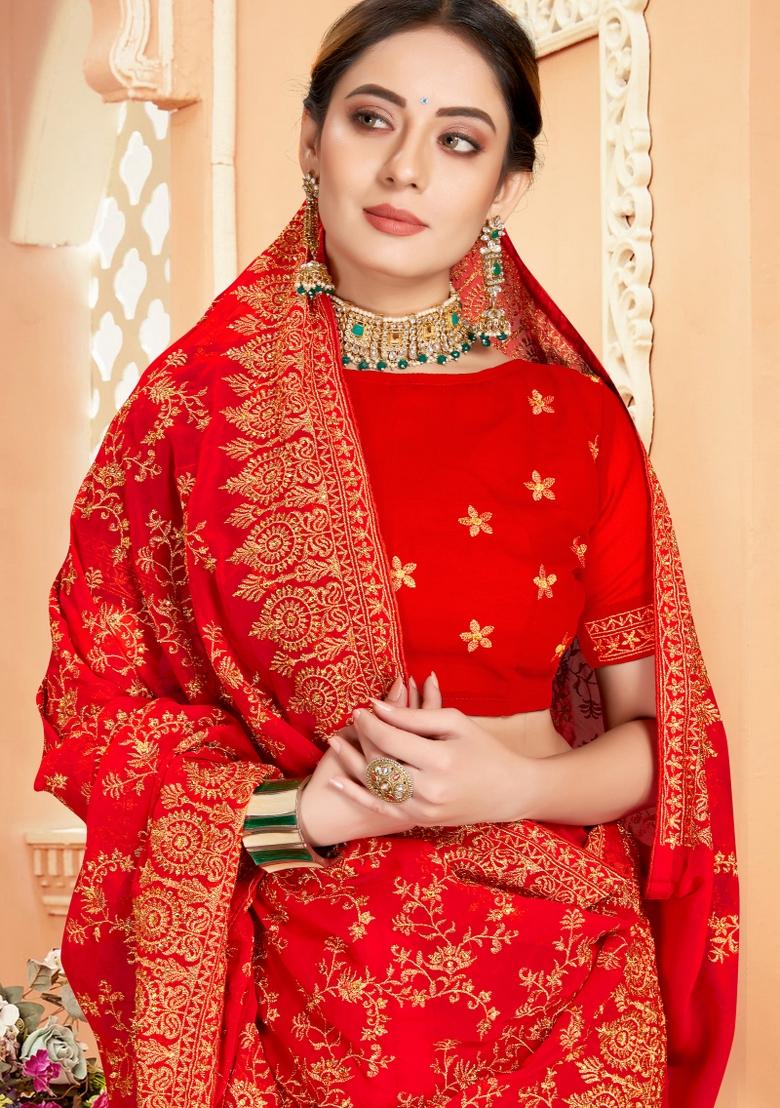 Red Embroidered Georgette Saree Set - Indya
