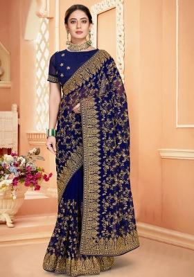 Navy Blue Embroidered Georgette Saree Set