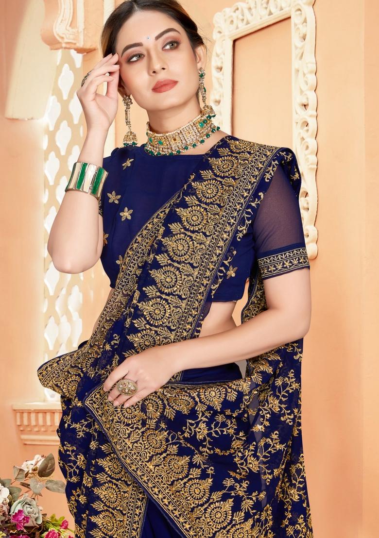 Navy Blue Embroidered Georgette Saree Set - Indya