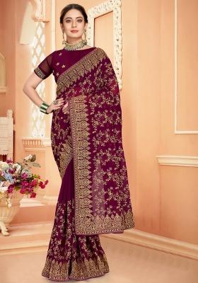 Wine Embroidered Georgette Saree Set