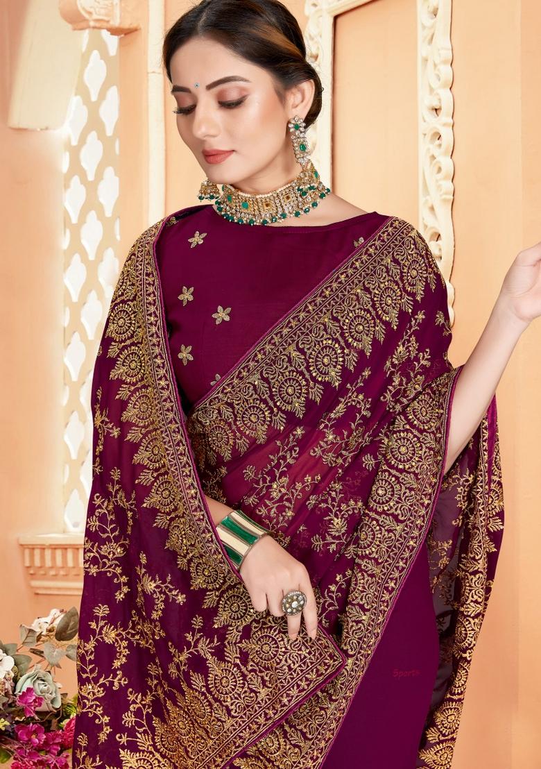 Wine Embroidered Georgette Saree Set - Indya