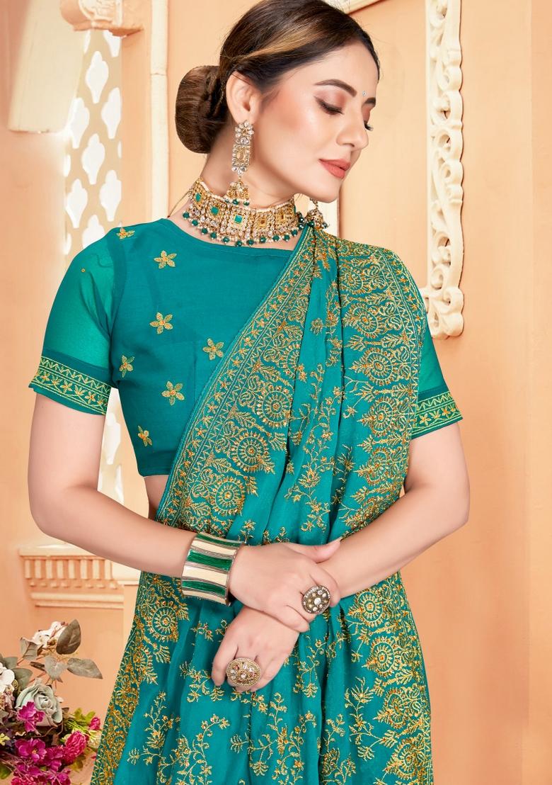 Rama Embroidered Georgette Saree Set - Indya