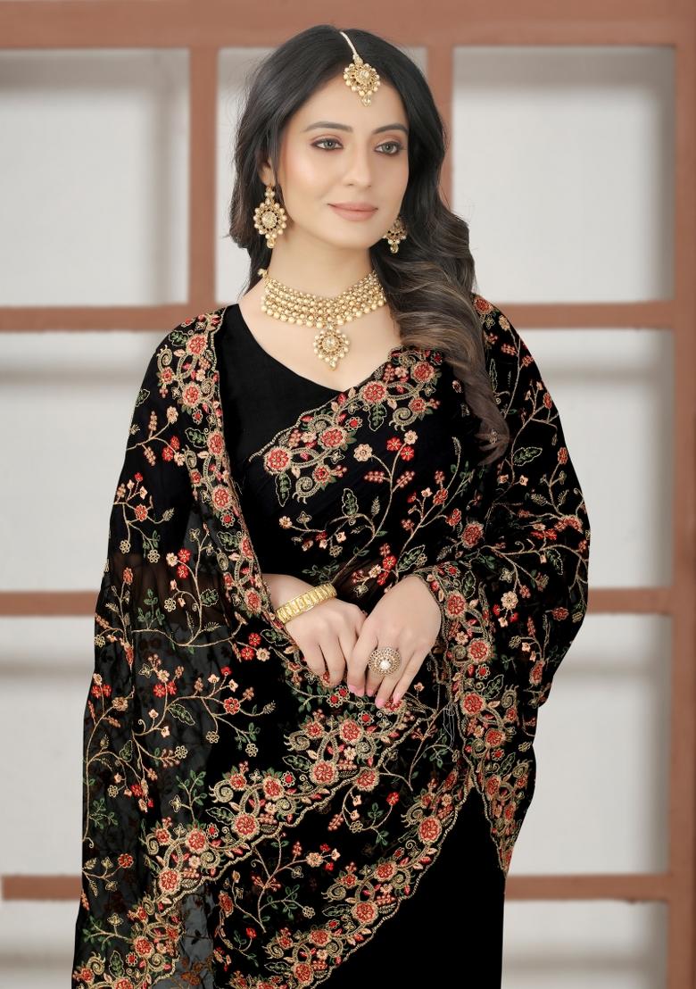 Black Embroidered Georgette Saree Set - Indya