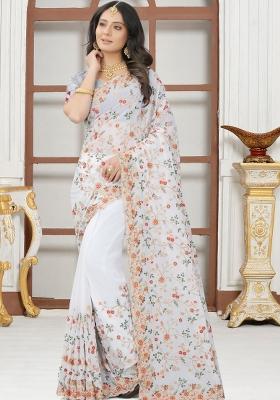 White Embroidered Georgette Saree Set