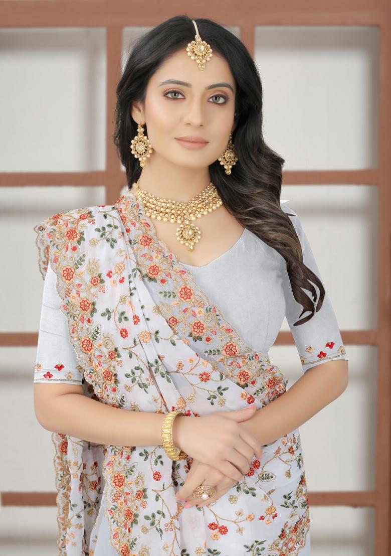 White Embroidered Georgette Saree Set - Indya