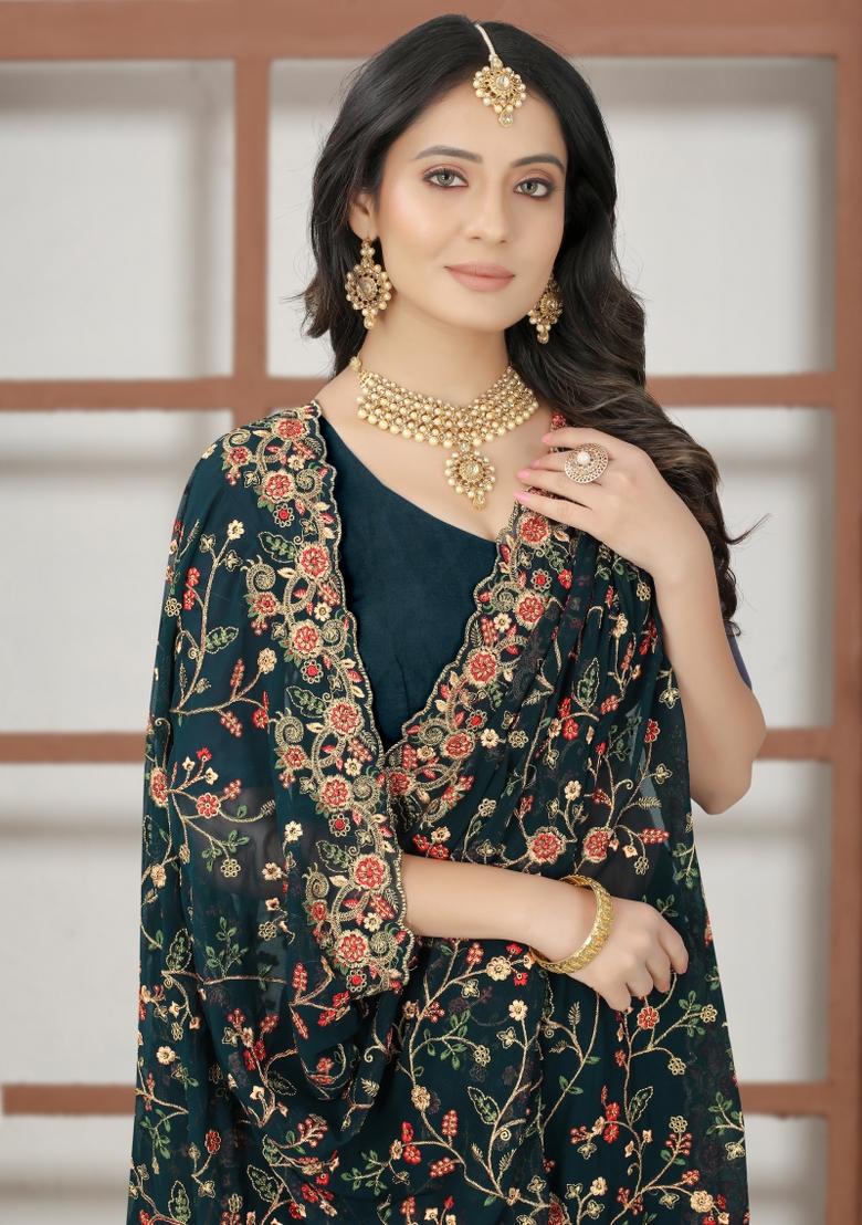 Morpeach Embroidered Georgette Saree Set - Indya