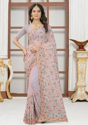 Lavender Embroidered Georgette Saree Set