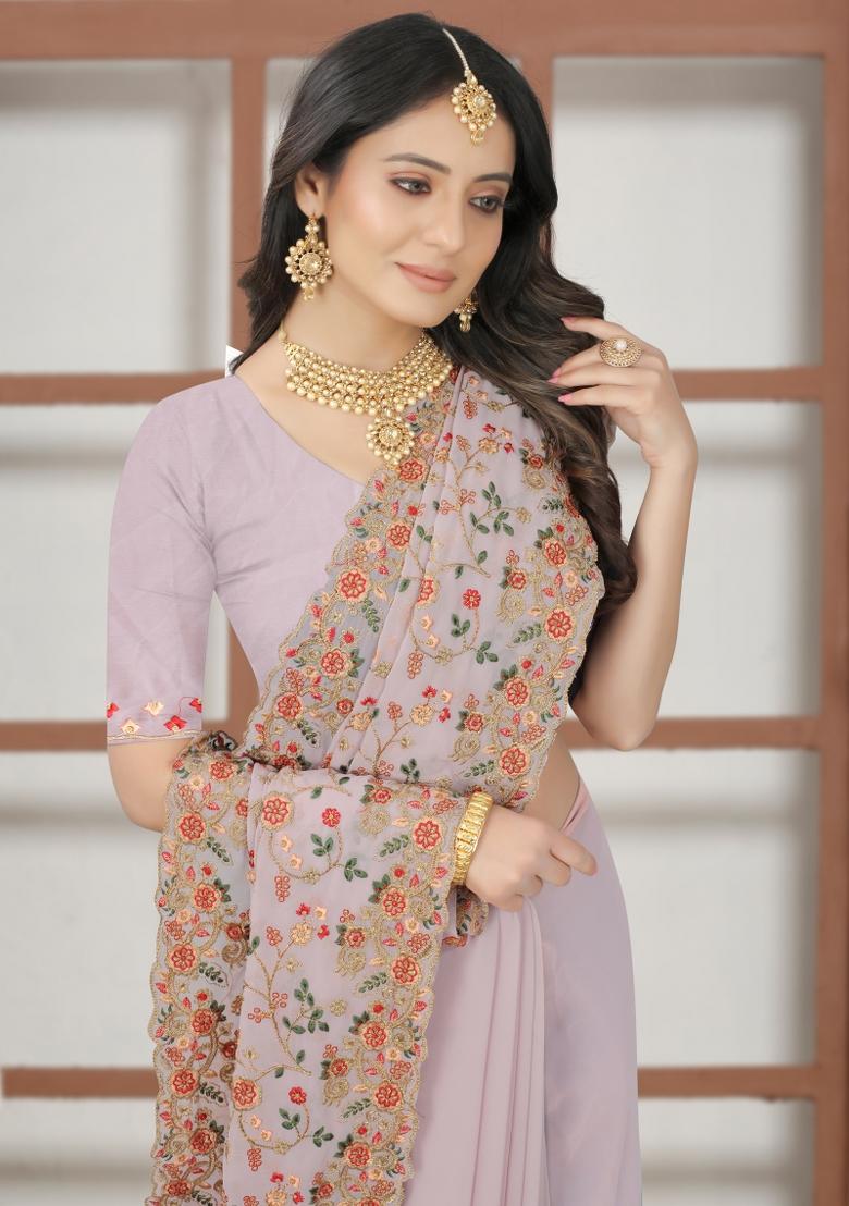 Lavender Embroidered Georgette Saree Set - Indya