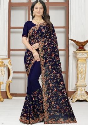 Navy Blue Embroidered Georgette Saree Set
