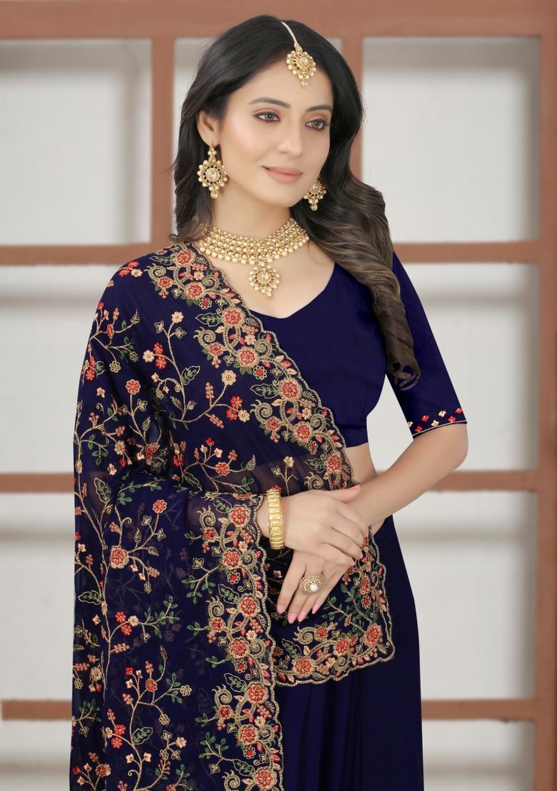 Navy Blue Embroidered Georgette Saree Set - Indya