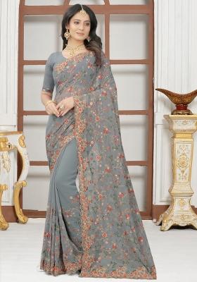 Grey Embroidered Georgette Saree Set