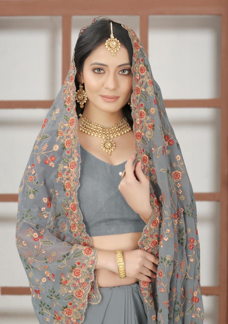 Grey Embroidered Georgette Saree Set - Indya