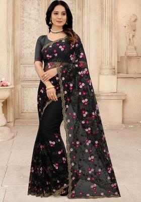 Black Embroidered Net Saree Set
