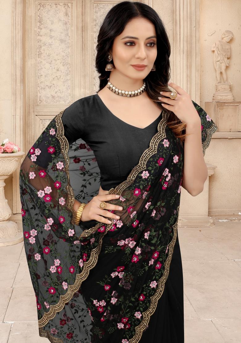Black Embroidered Net Saree Set - Indya