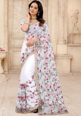 White Embroidered Net Saree Set