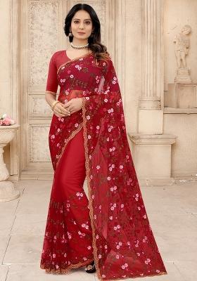 Red Embroidered Net Saree Set