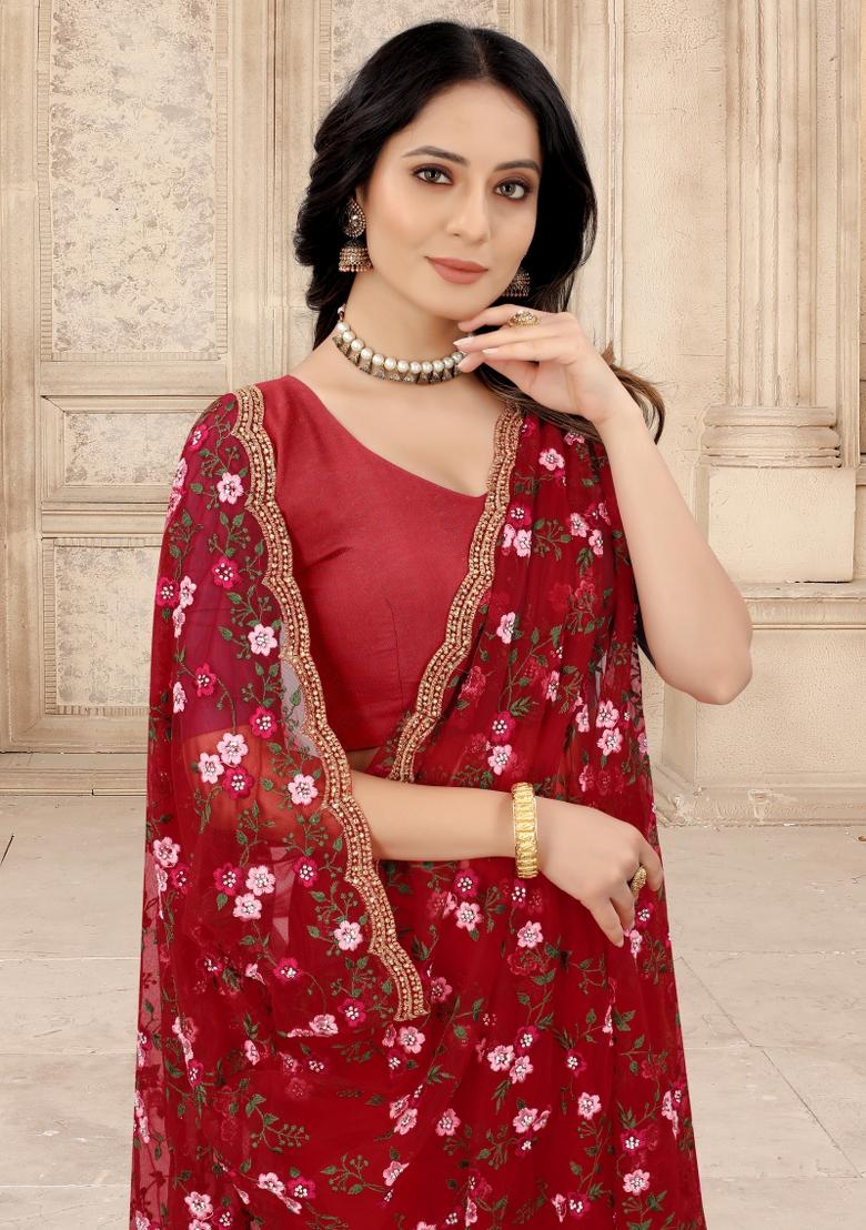 Red Embroidered Net Saree Set - Indya
