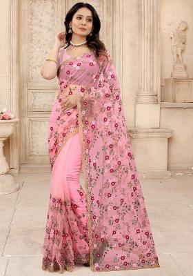 Light Gajari Embroidered Net Saree Set
