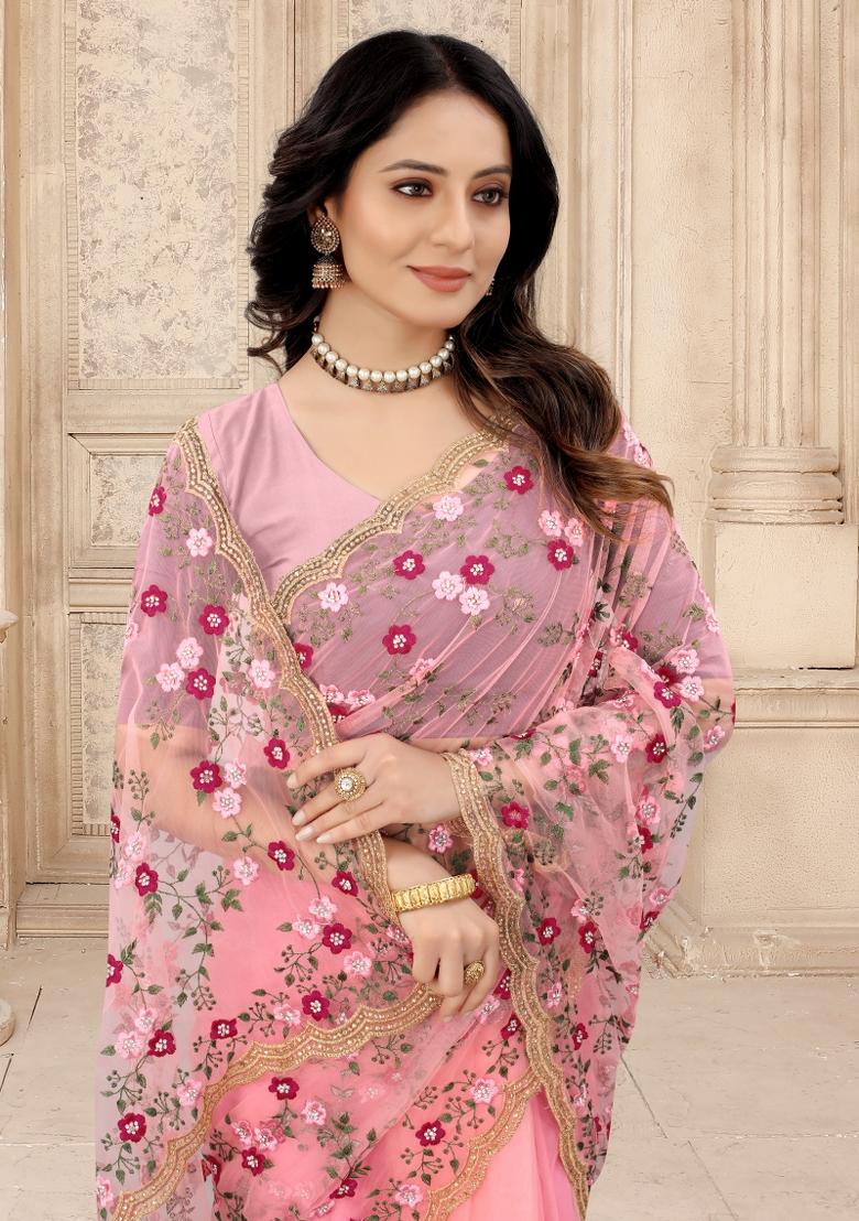 Light Gajari Embroidered Net Saree Set - Indya
