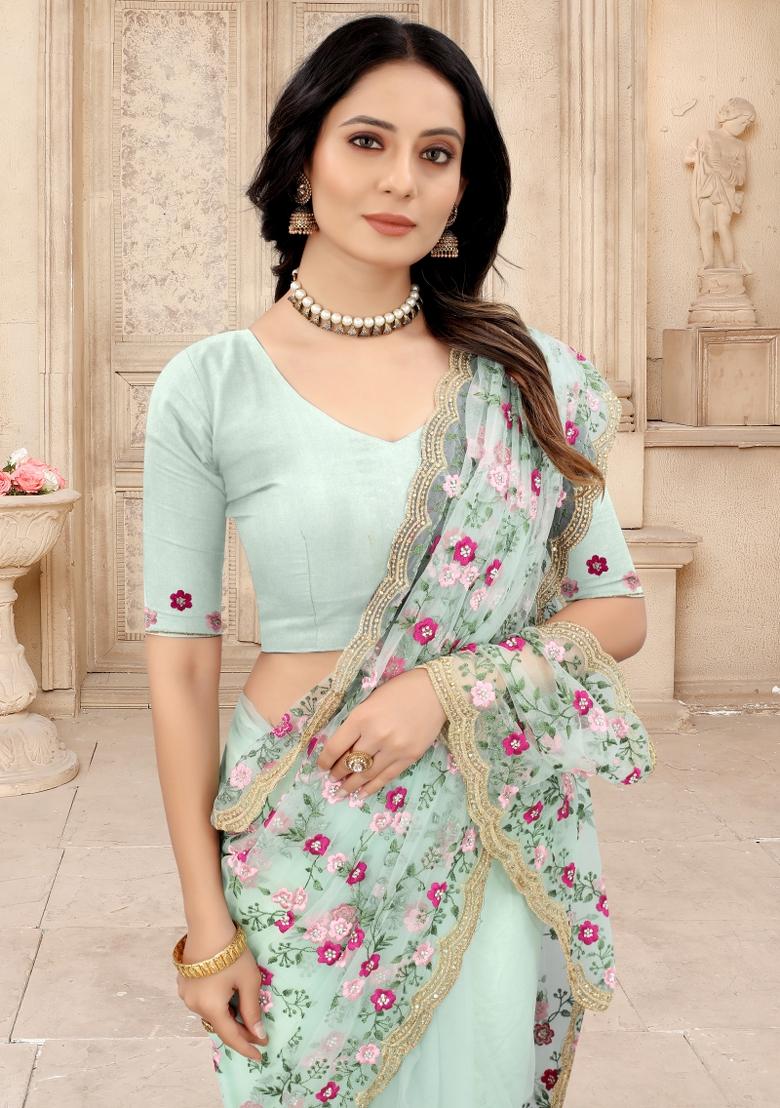 Dusty Sky Blue Embroidered Net Saree Set - Indya