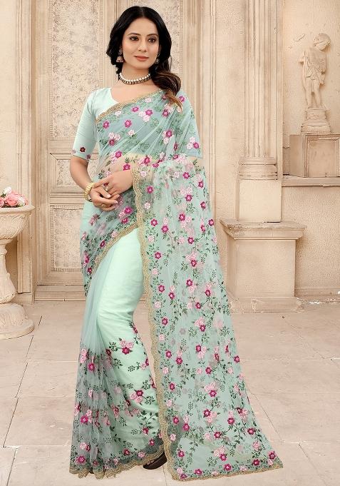 Dusty Sky Blue Embroidered Net Saree Set