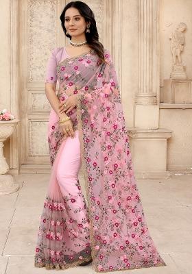 Dusty Pink Embroidered Net Saree Set