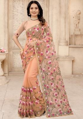 Dusty Peach Embroidered Net Saree Set