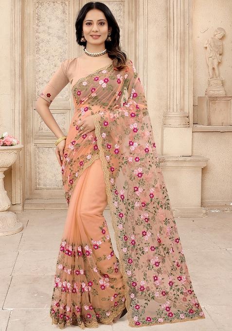 Dusty Peach Embroidered Net Saree Set