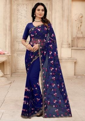 Navy Blue Embroidered Net Saree Set