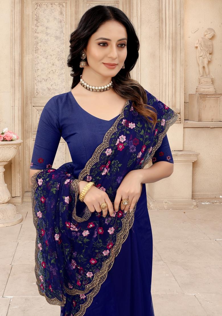 Navy Blue Embroidered Net Saree Set - Indya