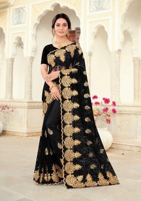 Black Embroidered Net Saree Set