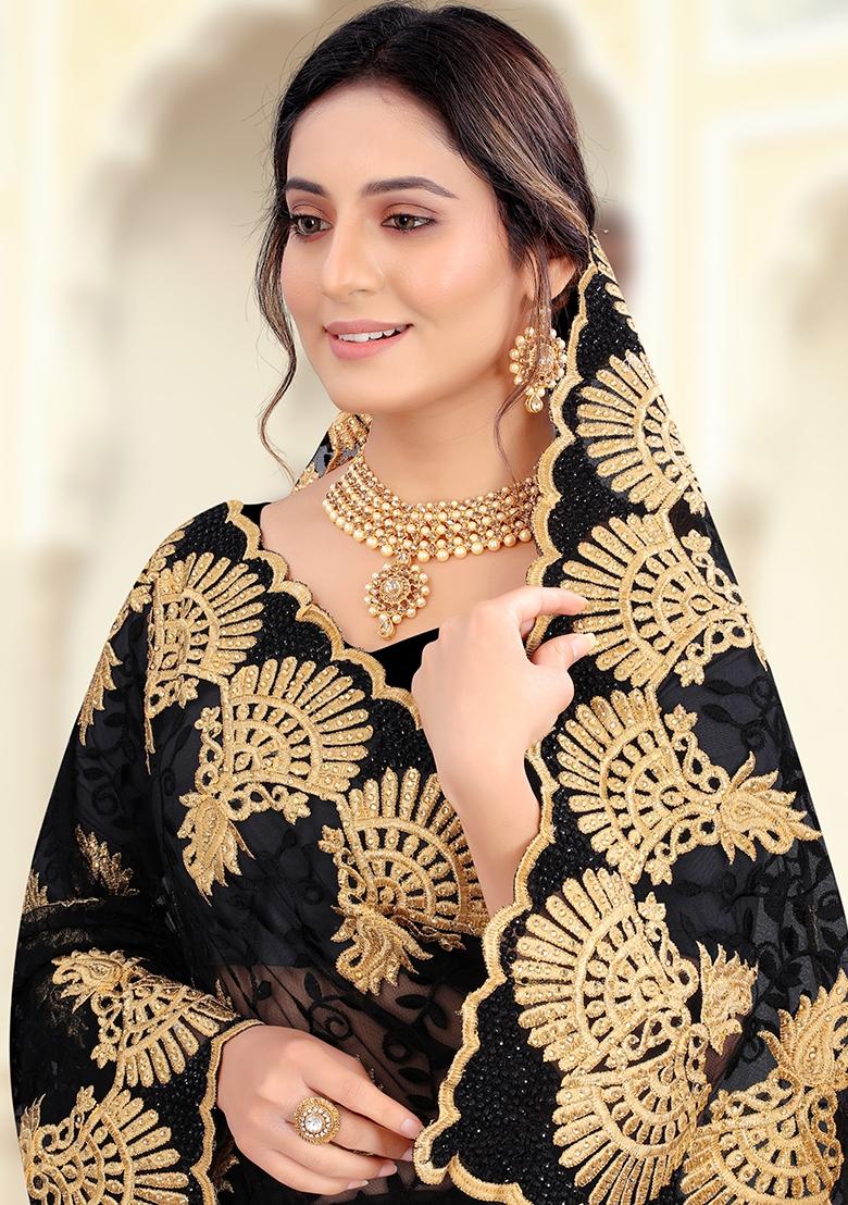 Black Embroidered Net Saree Set - Indya
