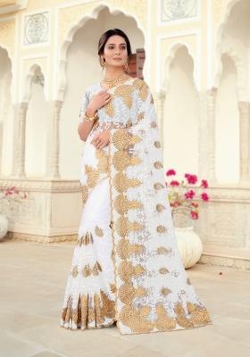 White Embroidered Net Saree Set