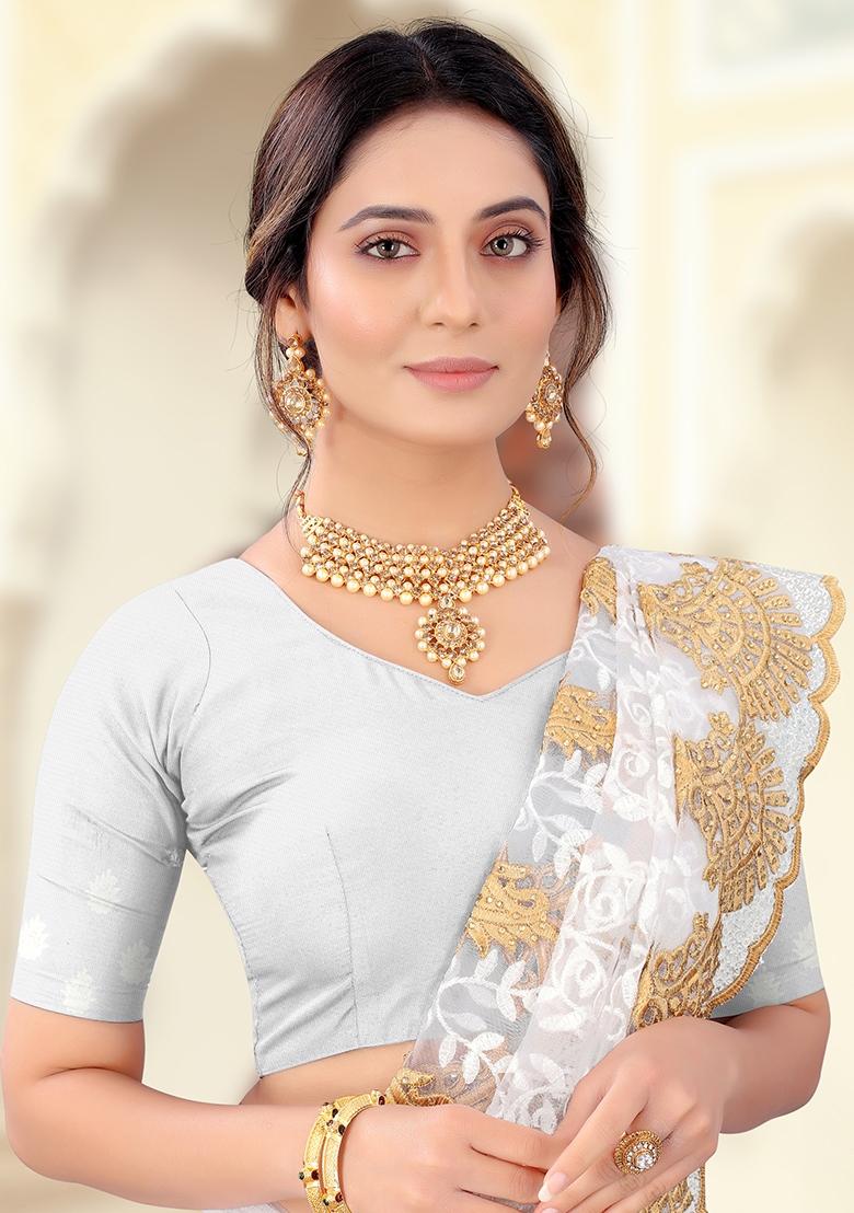 White Embroidered Net Saree Set - Indya