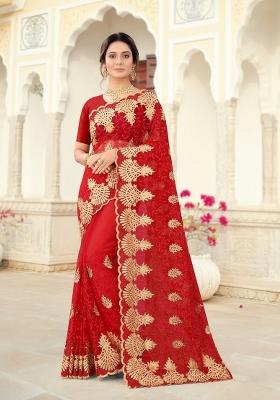 Red Embroidered Net Saree Set