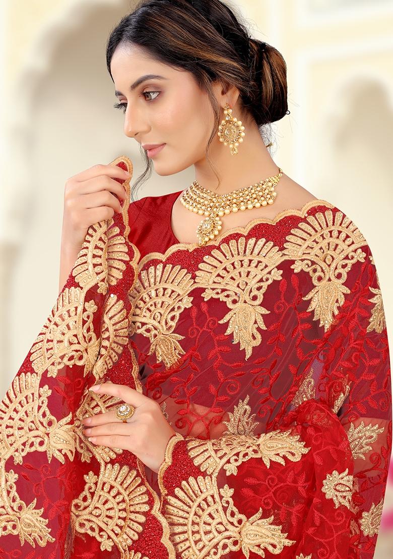 Red Embroidered Net Saree Set - Indya