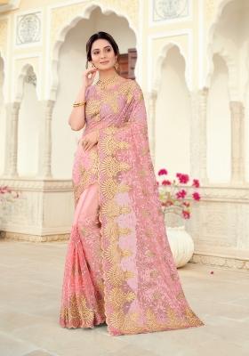 Dusty Pink Embroidered Net Saree Set