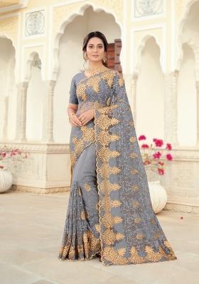 Grey Embroidered Net Saree Set